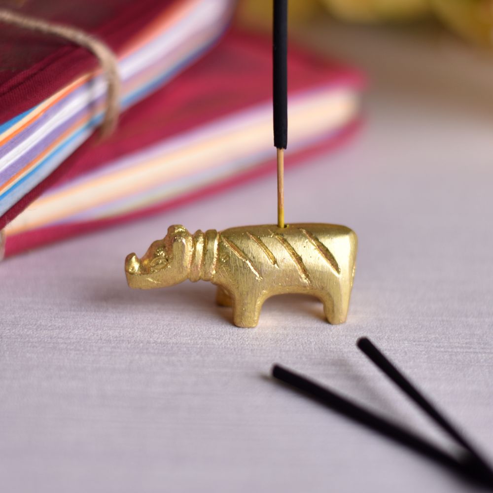 Golden Brass Hippo Incense Stick Holder